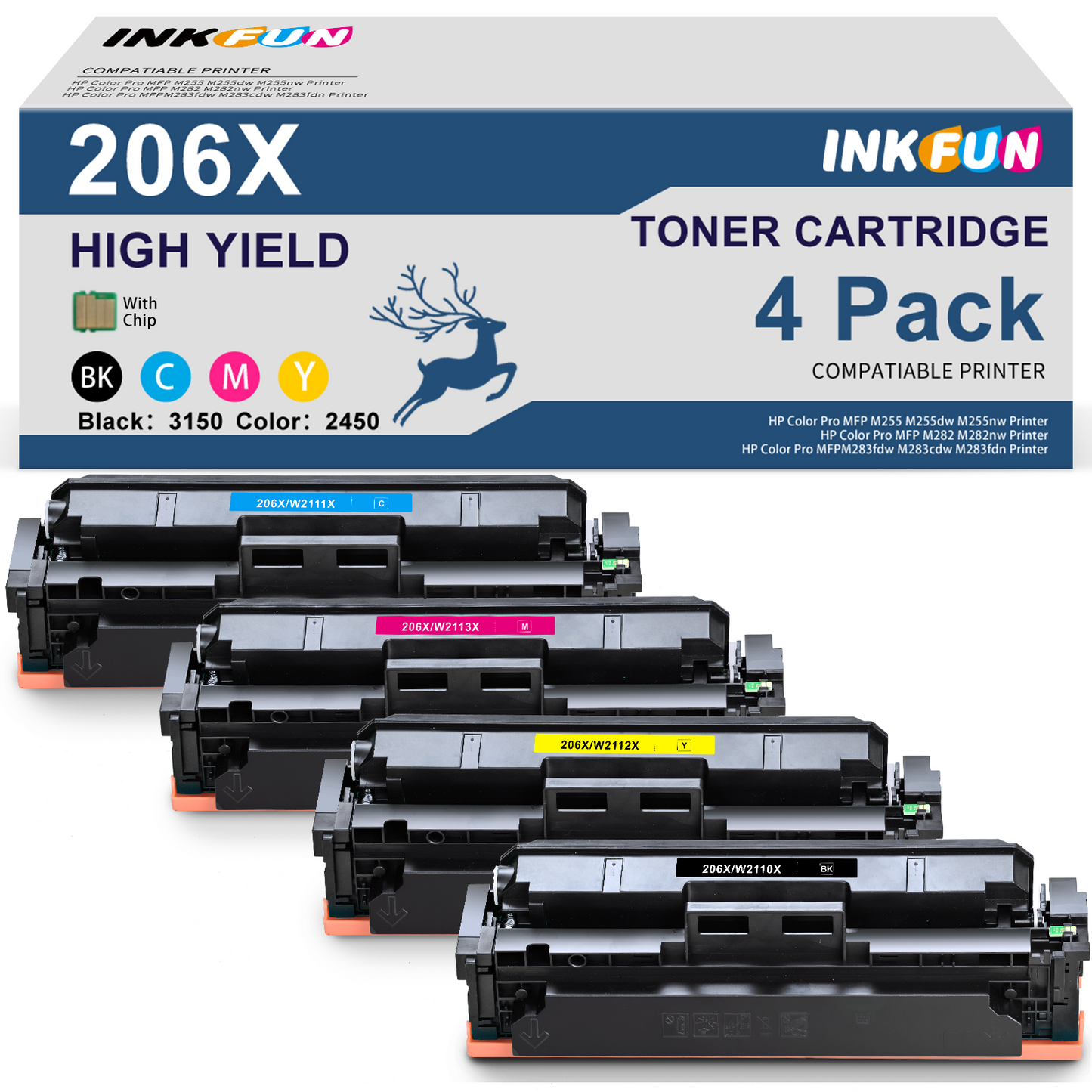 206X Toner With Chip Compatible for HP 206X 206A Toner Cartridge for HP W2110X W2110A Color Laserjet Pro MFP M283fdw M283cdw M255dw Printer (4 Pack, Black Cyan Magenta Yellow)