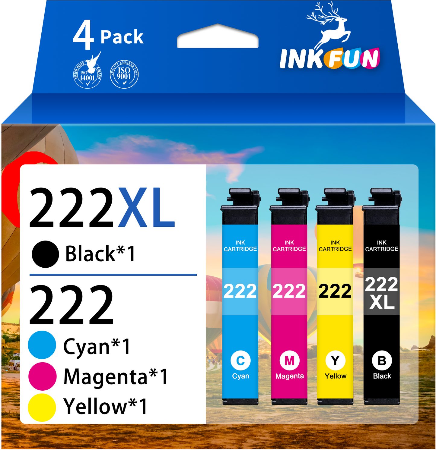 222XL Ink Cartridges for Epson 222 Ink Cartridges for Epson Ink 222XL 222 XL T222 Combo Pack for Epson Expression Home XP-5200 WorkForce WF-2960 Printer (4 Pack)