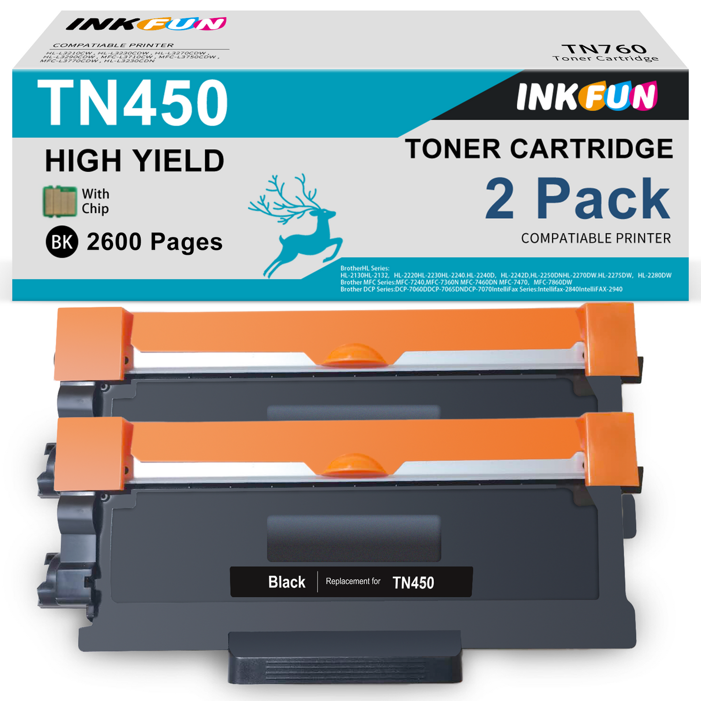 TN450 TN 450 Toner Cartridge Replacement for Brother TN450 TN420 TN-450 Black Toner for Brother Printer HL-2270DW 2280DW 2240 2230 MFC-7860DW 7360N (2 Black)