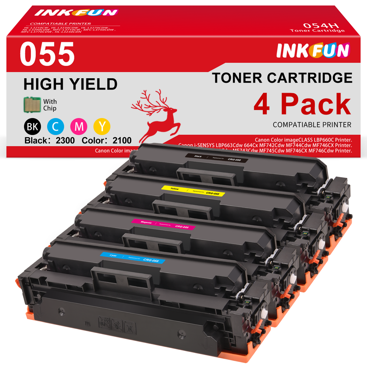 055 Toner Cartridge Compatible for Canon 055 055H CRG-054 Toner for Canon Color ImageCLASS MF743Cdw MF741Cdw MF745Cdw MF746Cdw LBP664Cdw Laser Printer(4 Pack, Black Cyan Magenta Yellow)