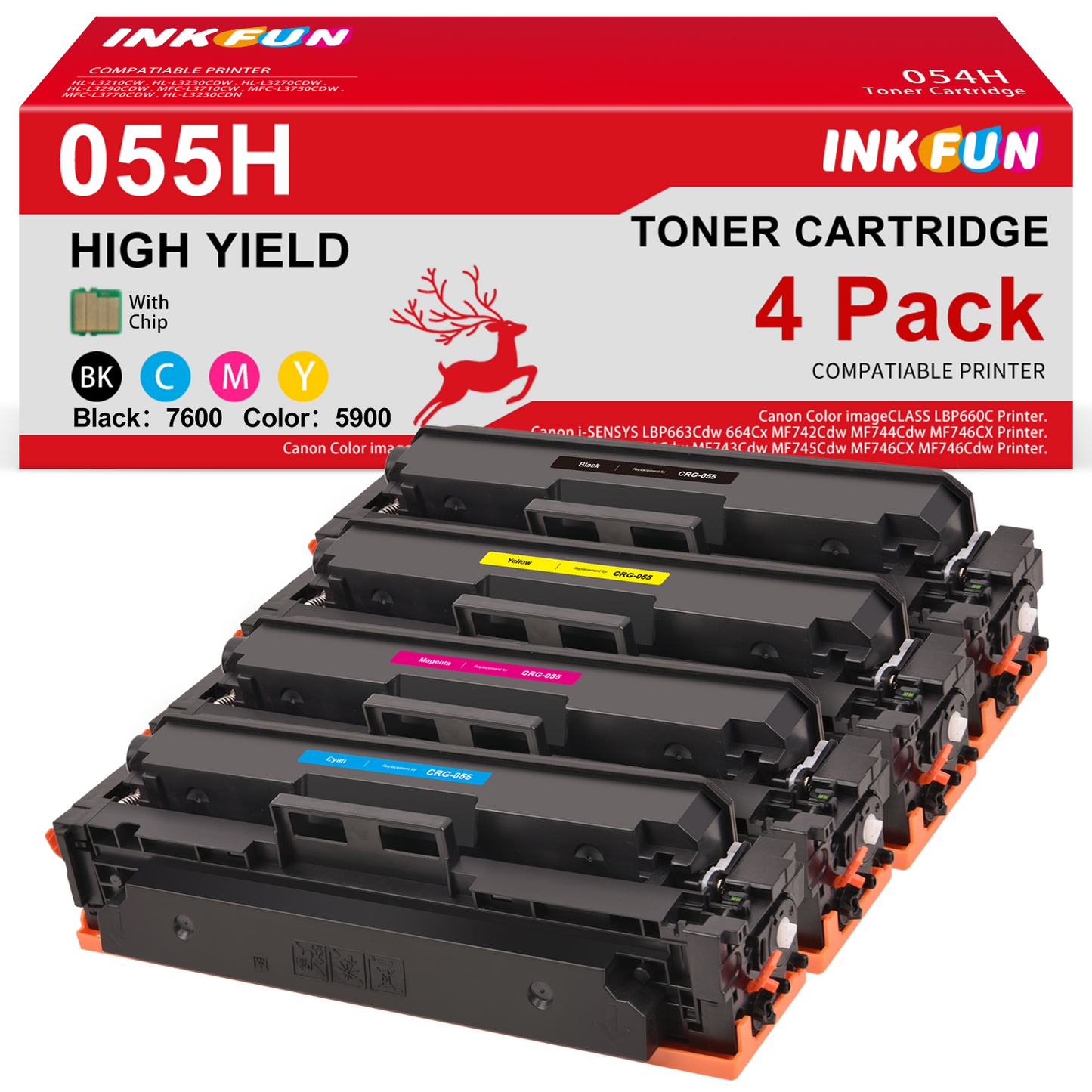 055H 055 Toner Cartridge Compatible for Canon 055H 055 CRG-054 Toner for Canon Color ImageCLASS MF743Cdw MF741Cdw MF745Cdw MF746Cdw LBP664Cdw Laser Printer(4 Pack, Black Cyan Magenta Yellow)