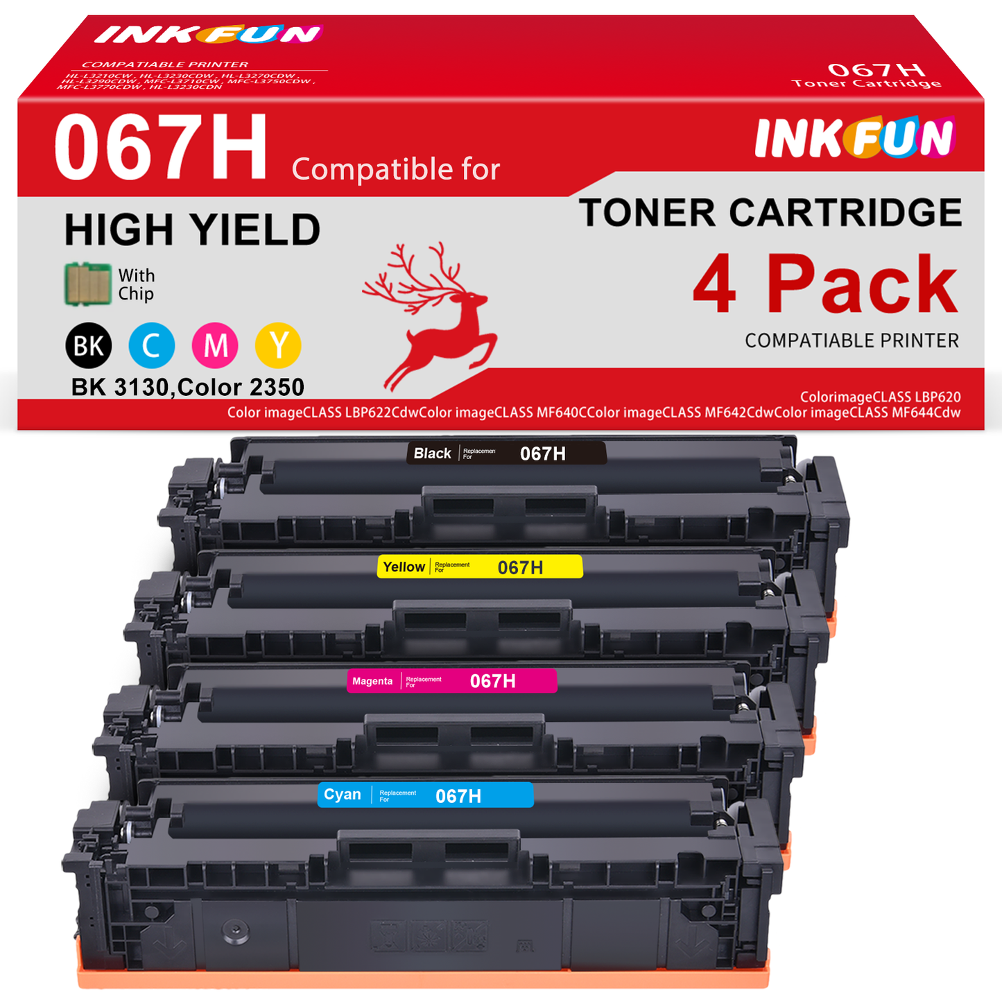 067H 067 Toner Cartridge for Canon 067H Toner Cartridge 4 Pack for Toner 067 CRG-067H for Canon ImageCLASS MF656Cdw MF654Cdw MF653Cdw MF652Cw MF650 LBP633 LBP632 LBP630 (Black Cyan Magenta Yellow)