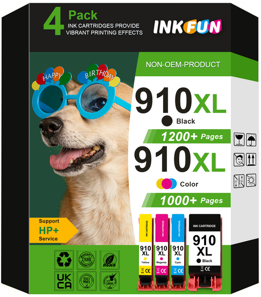 910 Ink for HP 910 Ink Cartridges Combo Pack for 910 910XL HP Ink (4 Pack, Black Cyan Magenta Yellow)