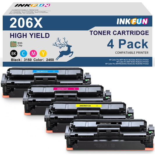 206X Toner With Chip Compatible for HP 206X 206A Toner Cartridge for HP W2110X W2110A Color Laserjet Pro MFP M283fdw M283cdw M255dw Printer (4 Pack, Black Cyan Magenta Yellow)