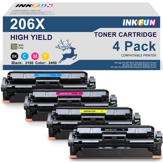 206X Toner With Chip Compatible for HP 206X 206A Toner Cartridge for HP W2110X W2110A Color Laserjet Pro MFP M283fdw M283cdw M255dw Printer (4 Pack, Black Cyan Magenta Yellow)