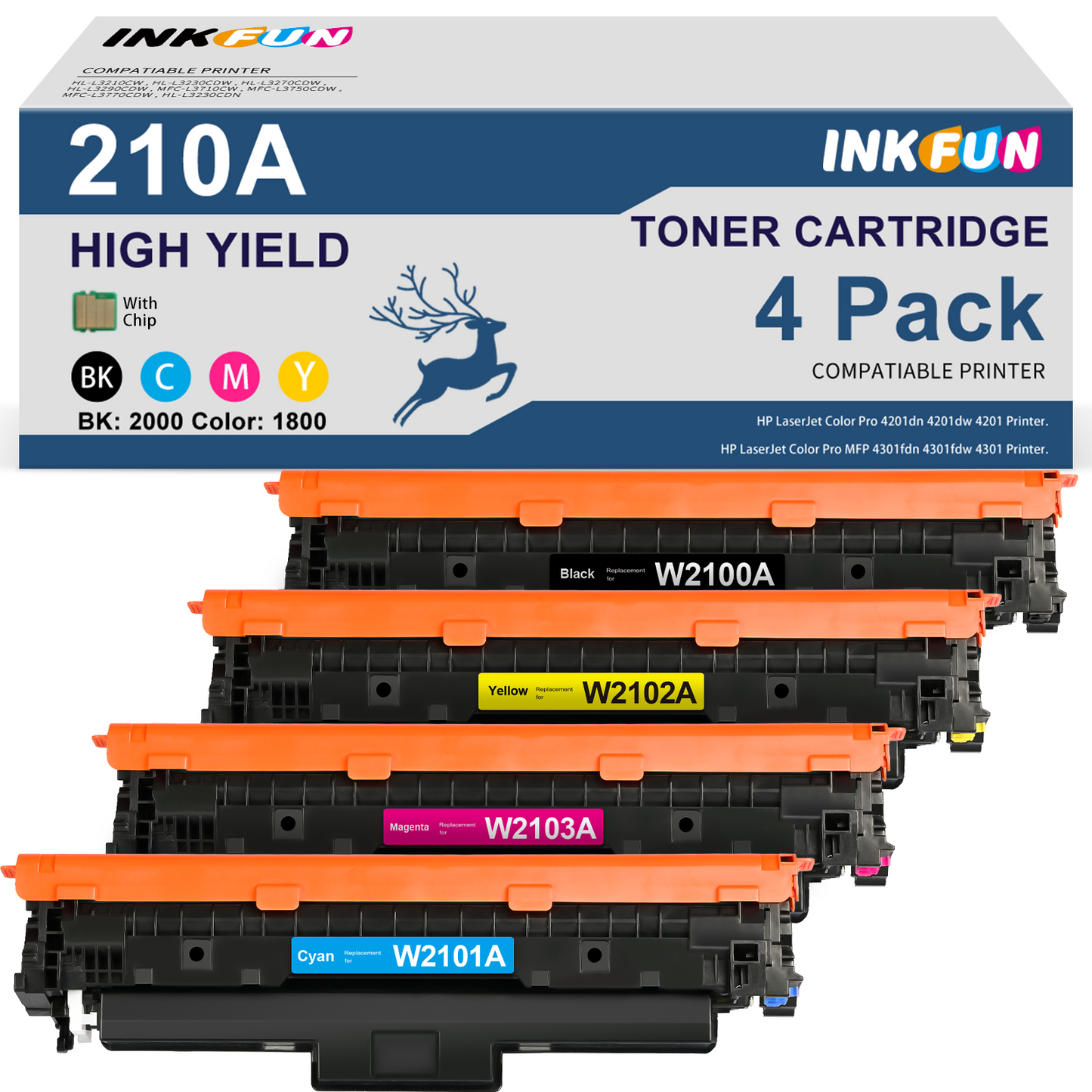 210A Toner Cartridge with Chip Compatible for HP 210A 210X W2100A W2100X 4301fdw Toner for HP Color Laserjet Pro MFP 4301fdw 4301fdn Pro 4201dw 4201dn (Black Cyan Magenta Yellow)