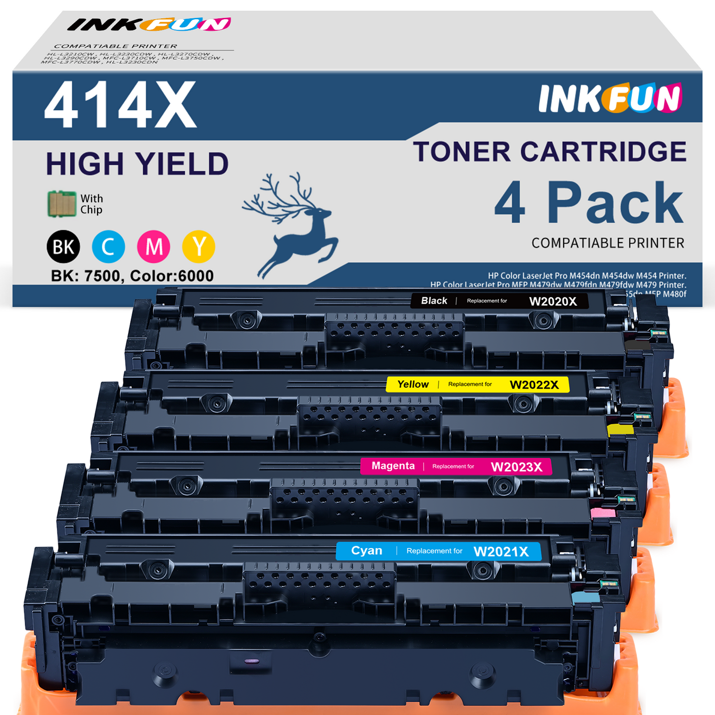 414X Toner Cartridge 4 Pack (with Chip) Compatible for HP 414X Toner for HP 414A W2020X Color Pro MFP M479fdw M479fdn M479dw M479dn M479 M454dw M454dn (Black Cyan Magenta Yellow,4 Pack)