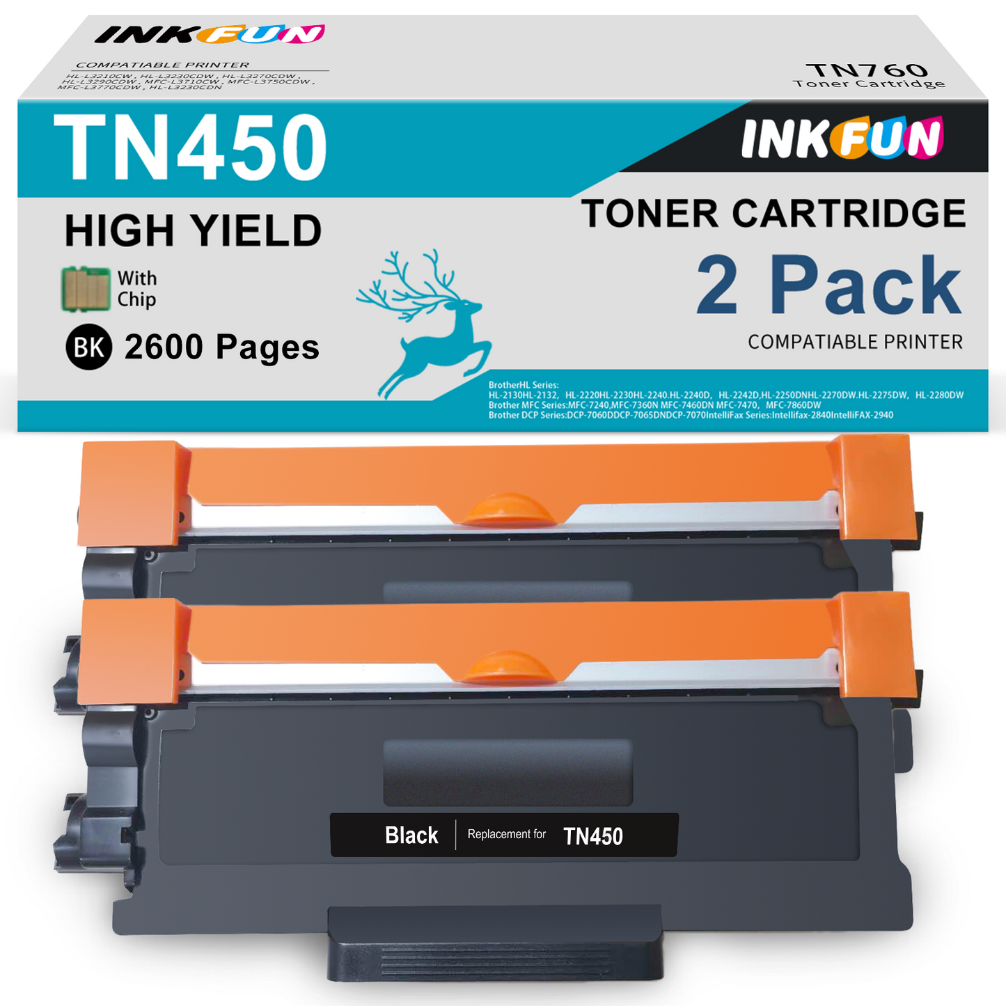 TN450 TN 450 Toner Cartridge Replacement for Brother TN450 TN420 TN-450 Black Toner for Brother Printer HL-2270DW 2280DW 2240 2230 MFC-7860DW 7360N (2 Black）