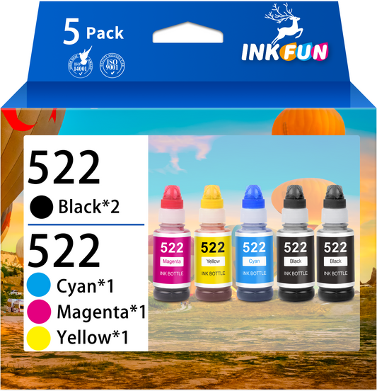 522 T522 Ink Bottle for Epson 522 Refill Ink 522 Bottle for EcoTank ET-2720 ET-4700 ET-2800 ET-2803 ET-4800 Printer (5 Pack, Black Cyan Magenta Yellow)