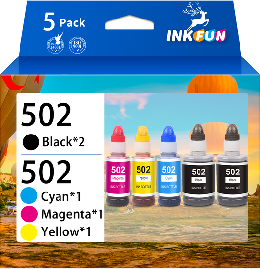 502 Ink Bottle for Epson 502 T502 Ecotank Refill Ink Bottle Black and Color for ET-2750 ET-2760 ET-15000 ET-3710 ET-3700 ET-4760 ET-3750 Printer (2 Black Cyan Magenta Yellow, 5 Pack)